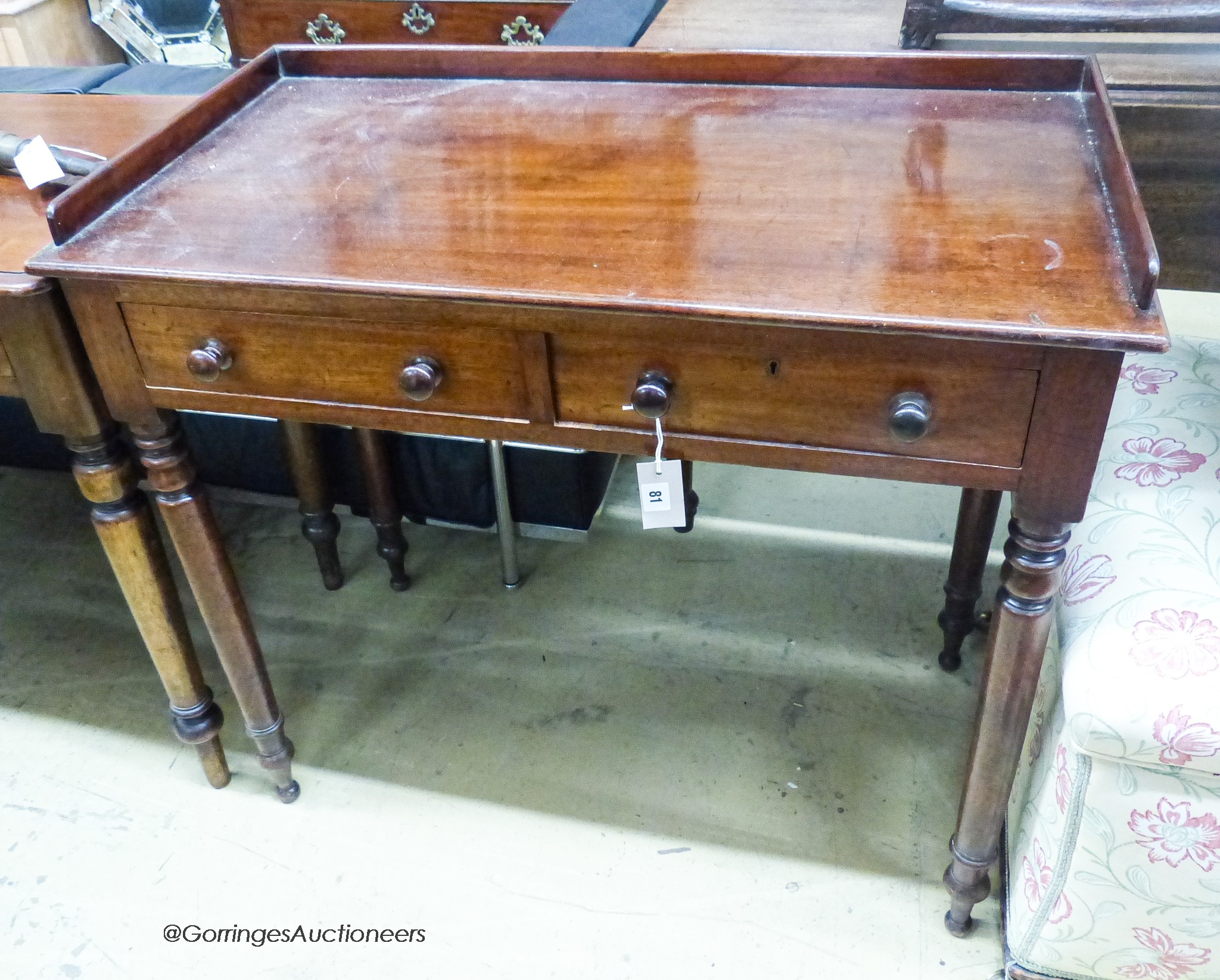 A Victorian mahogany two drawer side table, width 89cm, depth 47cm, height 79cm